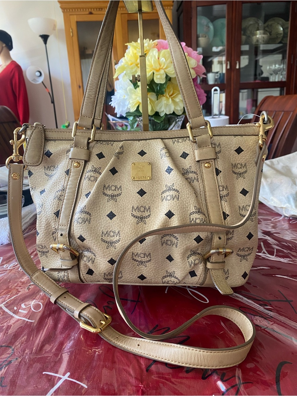 MCM Tan Visetos Monogram Shoulder Bag with Gold Hardware